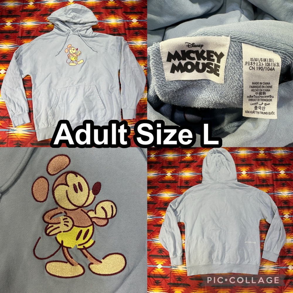 Disney Mickey Mouse Embroidered Hoodie Adults Size Large Heavyweight Blue